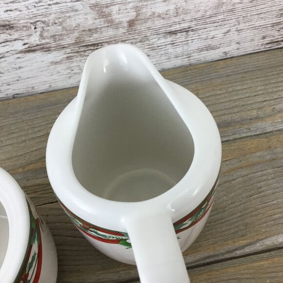 Pfaltzgraff Yuletide Stoneware Creamer & Sugar Bowl Set Holly & Ribbon Design - Picture 6 of 7